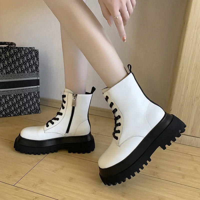 2021 White Color Soft PU Leather Ankle Boots Women Platform Motorcycle Booties Female Autumn Winter Shoes Woman Goth Short Boots