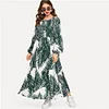 SHEIN Multicolor Tropical Print Bishop Sleeve Smock Dress Modest High Waist Round Neck Long Sleeve 2019 Spring Abaya Dresses