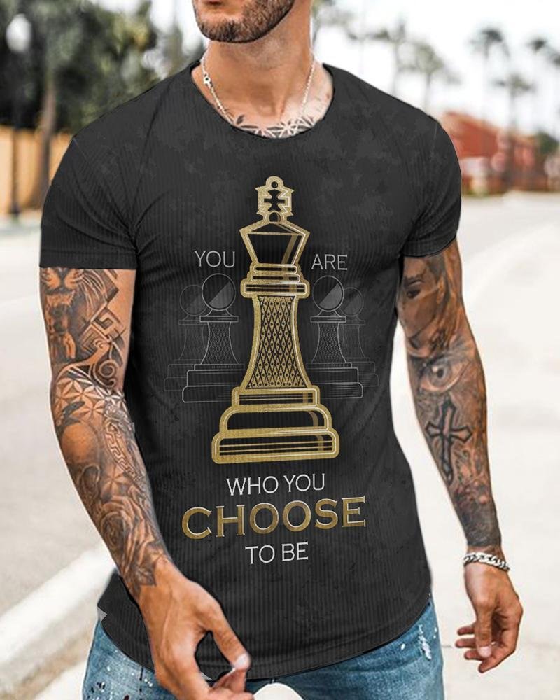 Men's Sport Gold Chess Printed T-shirt