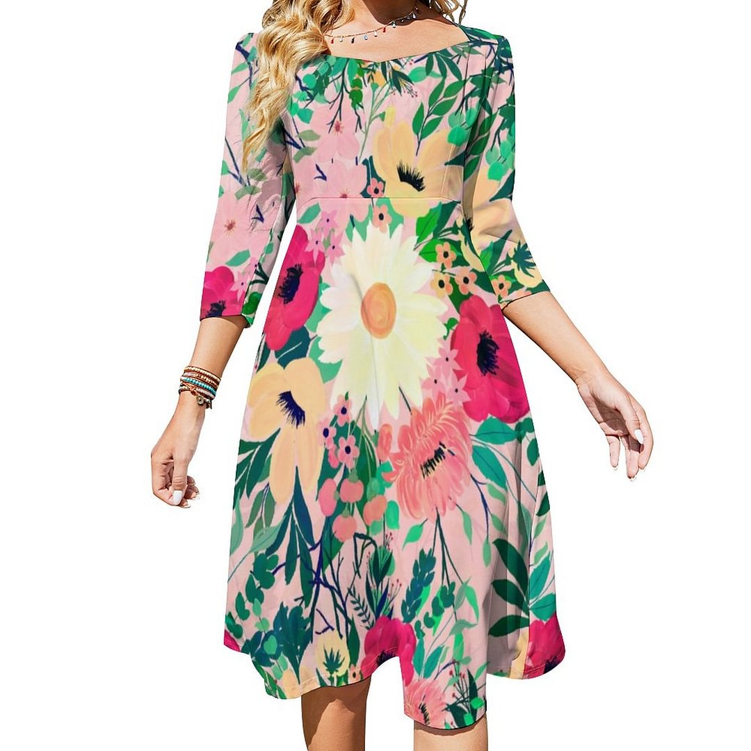 Cute Colorful Watercolor Floral Pink Design Dress Sweetheart Tie Back Flared 3/4 Sleeve Midi Dresses
