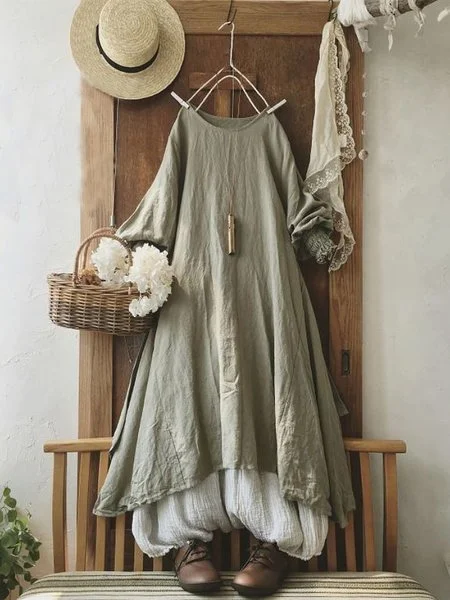 Vintage Plain Long Sleeve Casual Weaving Dress | IFYHOME