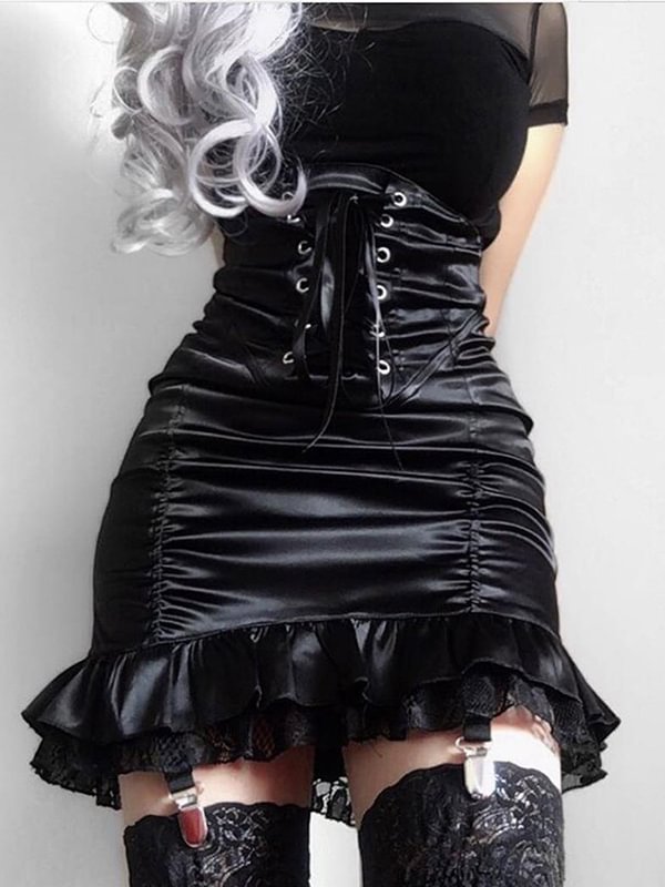 Vintage Velvet Paneled Lace Up Gathered High Rise Bodycon Skirt