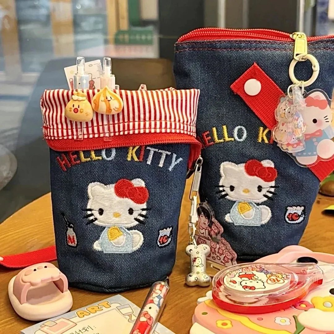 Kitty Denim Embroidery Storage Bag