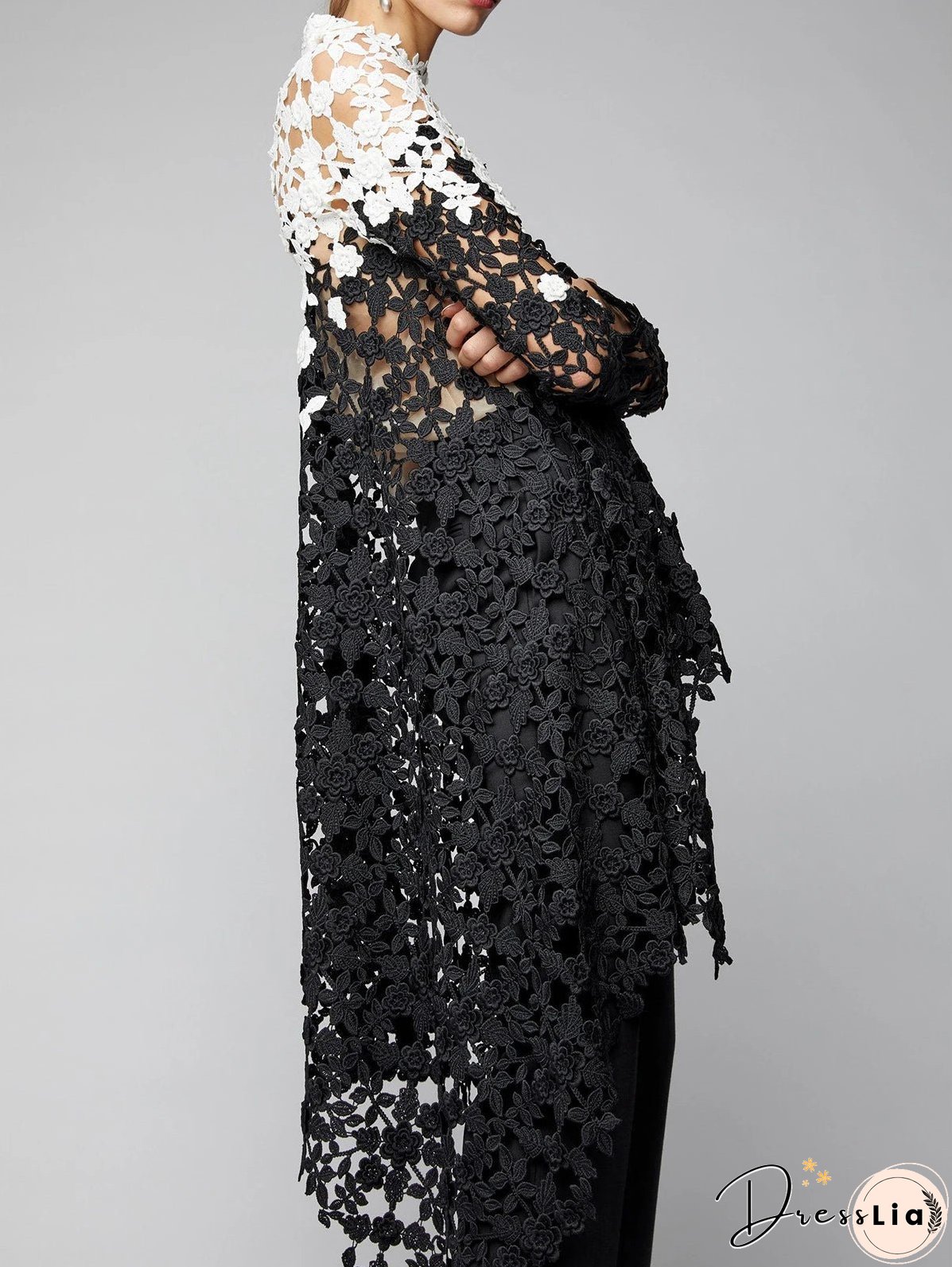 Asymmetrical Top Women Lace Hollow Out Shirt Long Sleeve Irregular Floral Guipure Colorblock Stand Collar Female Loose Blouse