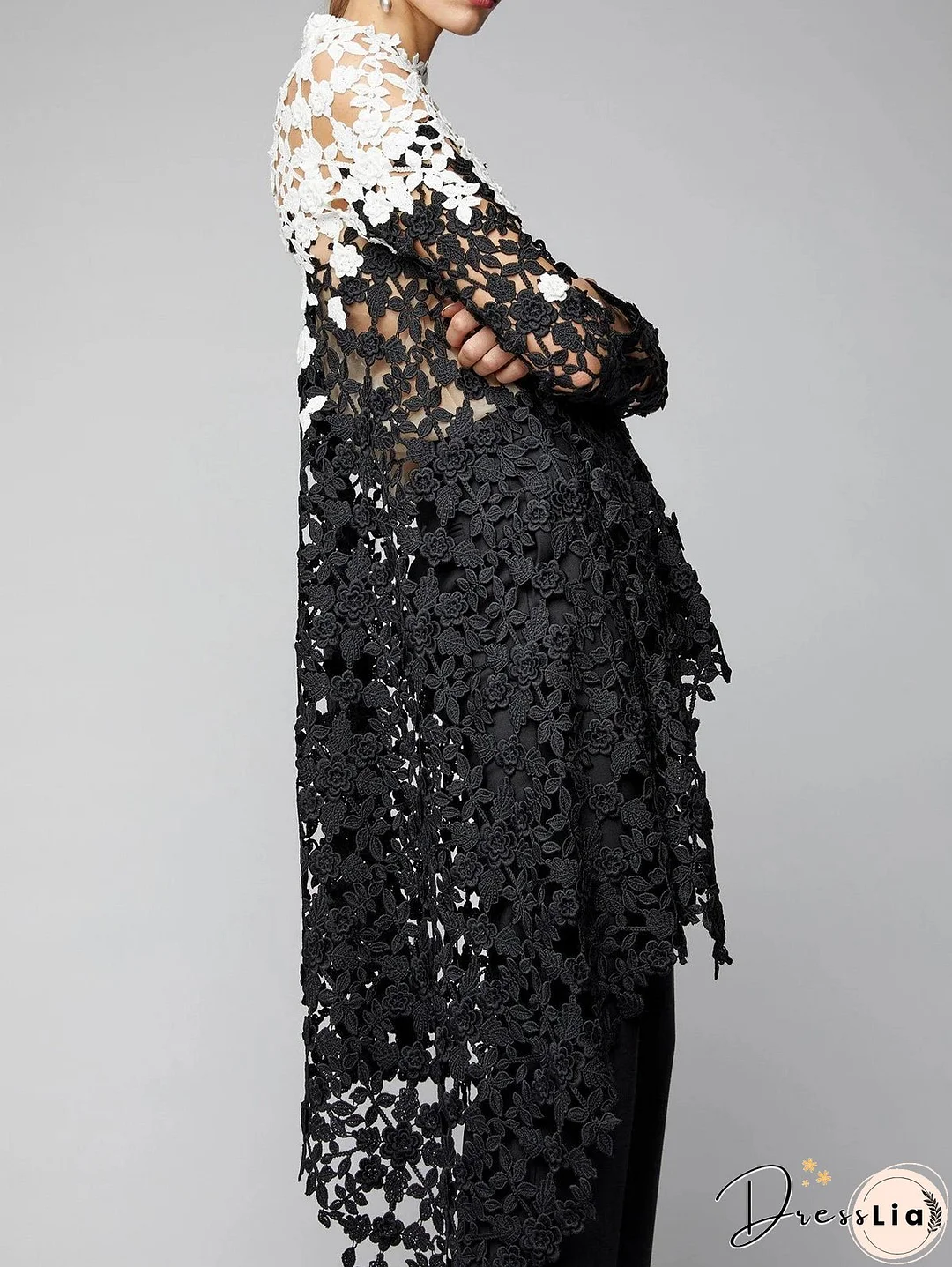 Asymmetrical Top Women Lace Hollow Out Shirt Long Sleeve Irregular Floral Guipure Colorblock Stand Collar Female Loose Blouse