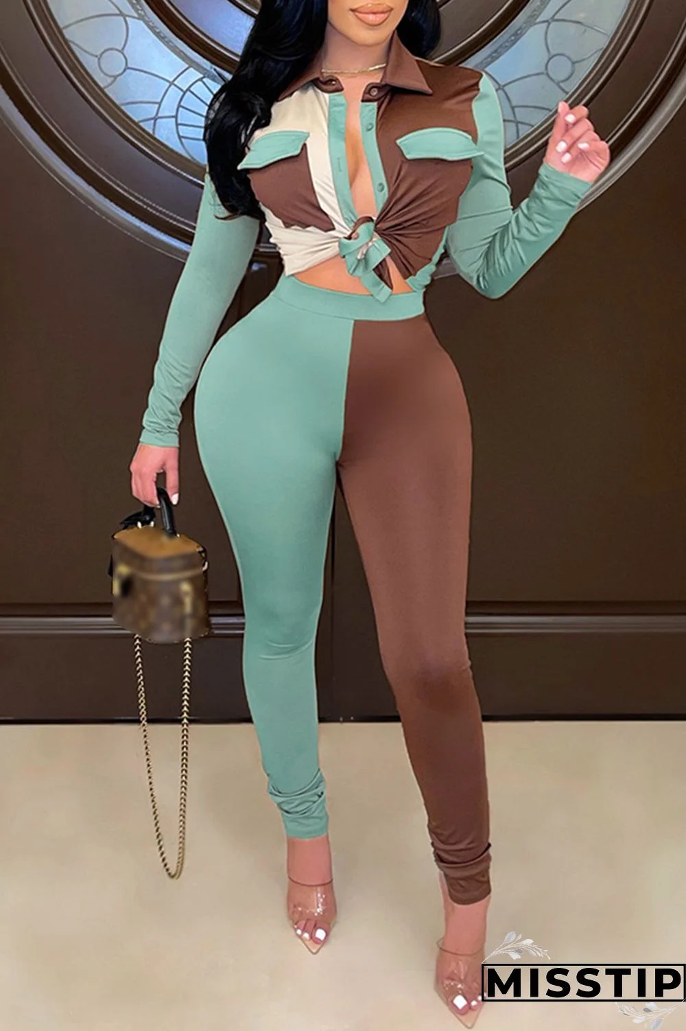 Blue Fashion Casual Patchwork Basic Turndown Collar Long Sleeve Two Pieces