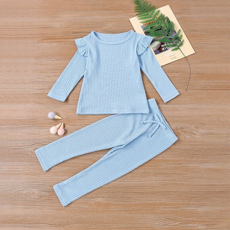 Baby Ribbed Ruffle Pajamas Set Cotton Infant Toddler Girl Clothes Set Long Sleeve Sleepwear Baby Bodysuit Home Suit  2PCS 1-7Y