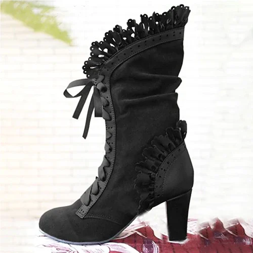 Qengg Heel Boots Women Steampunk Women Sexy Leather Suede Boots Autumn Vintage Winter Shoes Women Lace Up Cosplay Boots HVT373