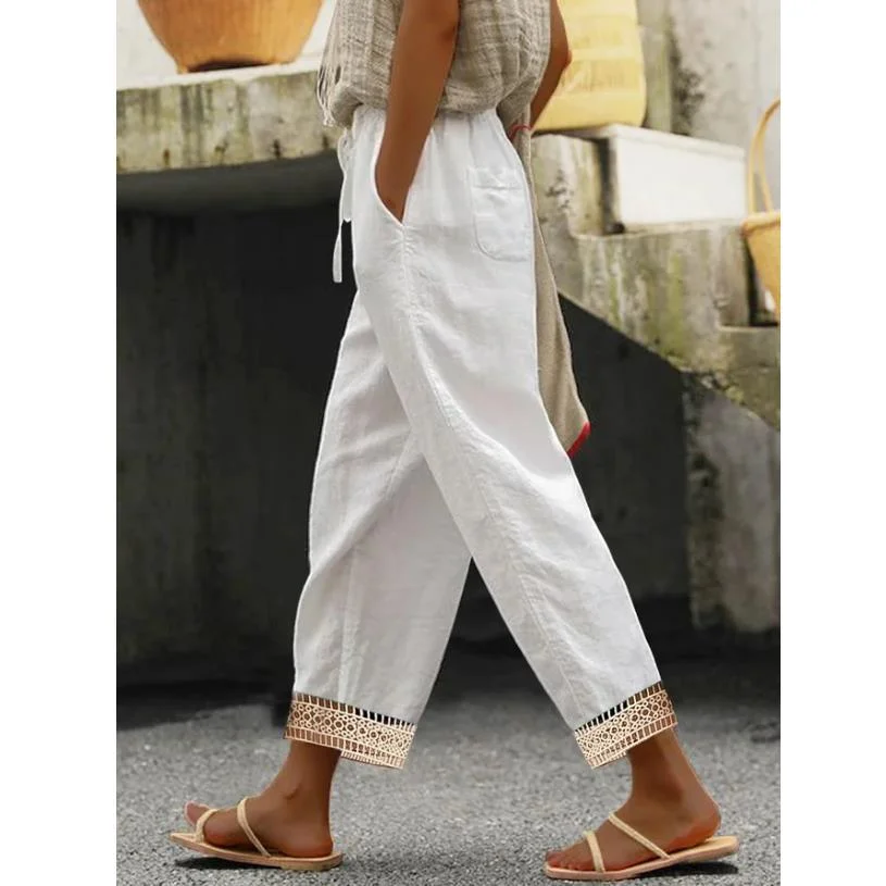 Women's Casual Cotton And Linen Elastic Splicing Straight Pants