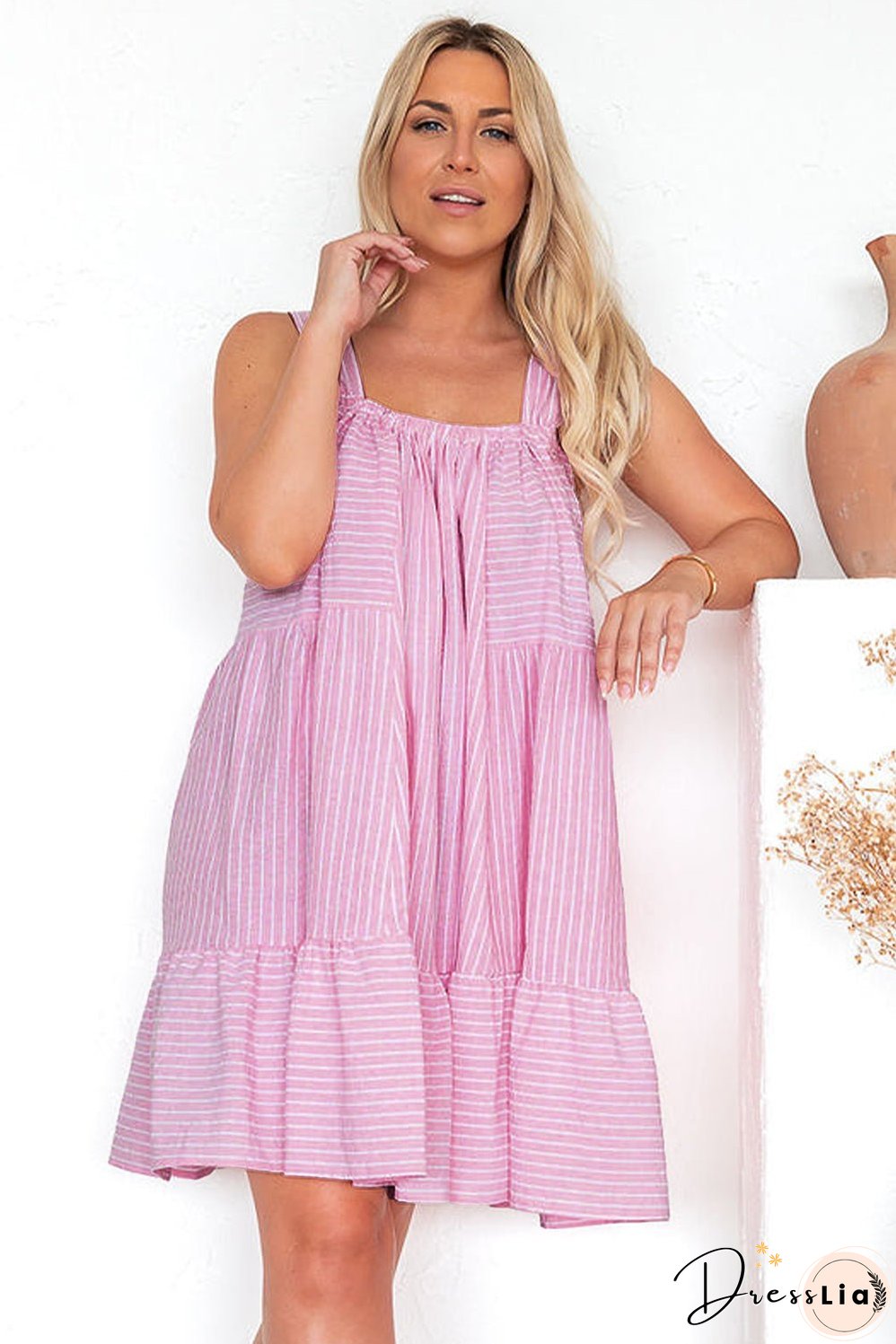 Pink Stripe Pinstriped Ruffled Hem Sleeveless Mini Flared Dress