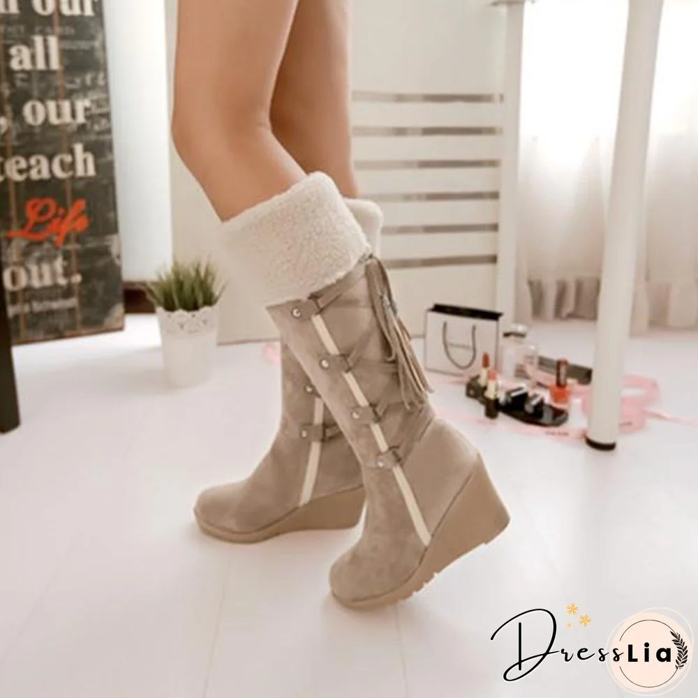Womens Fashion Lace Round Toe Scrub High Heel Snow Boots