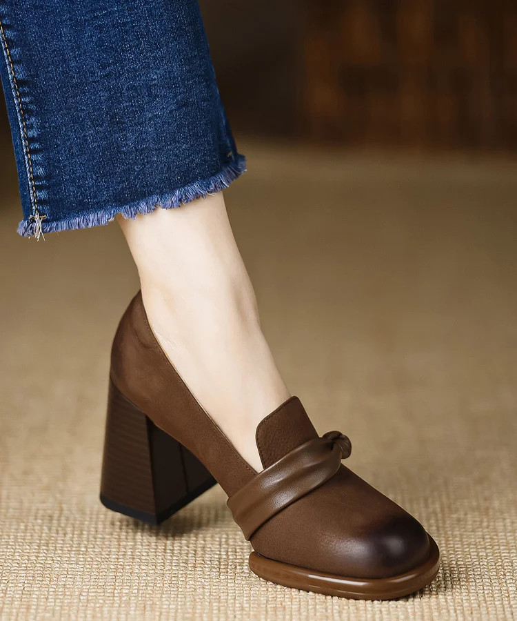 Coffee High Heels Chunky Cowhide Leather Classy Comfy Splicing