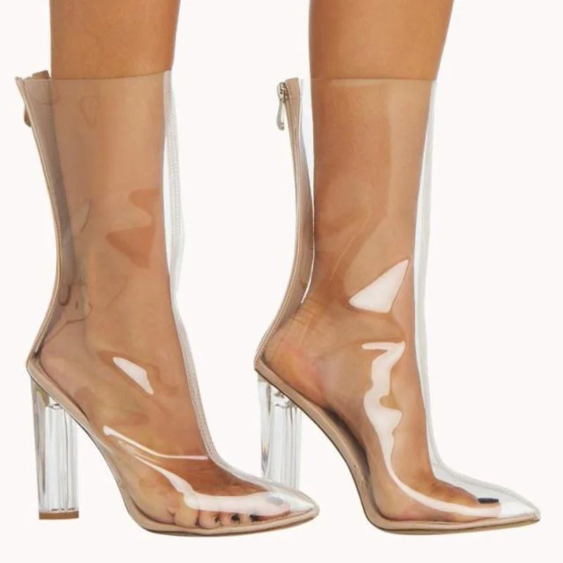Women's Transparent Crystal Chunky Heel Mid-Tube Personality Women's Boots Rear Zipper High-Heeled Ankle Short Boots Novameme