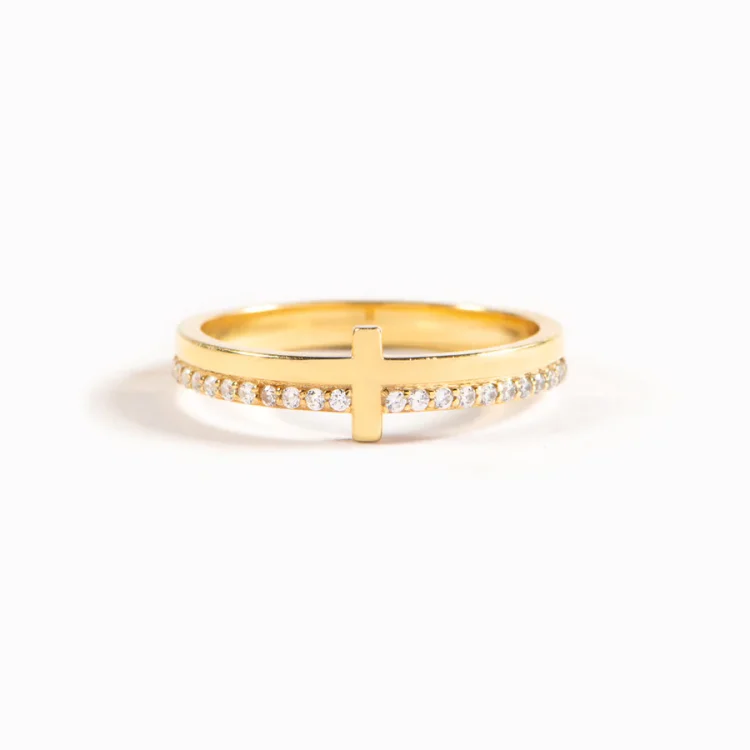 925 Sterling Silver PRAY ON IT GOLDEN CROSS RING