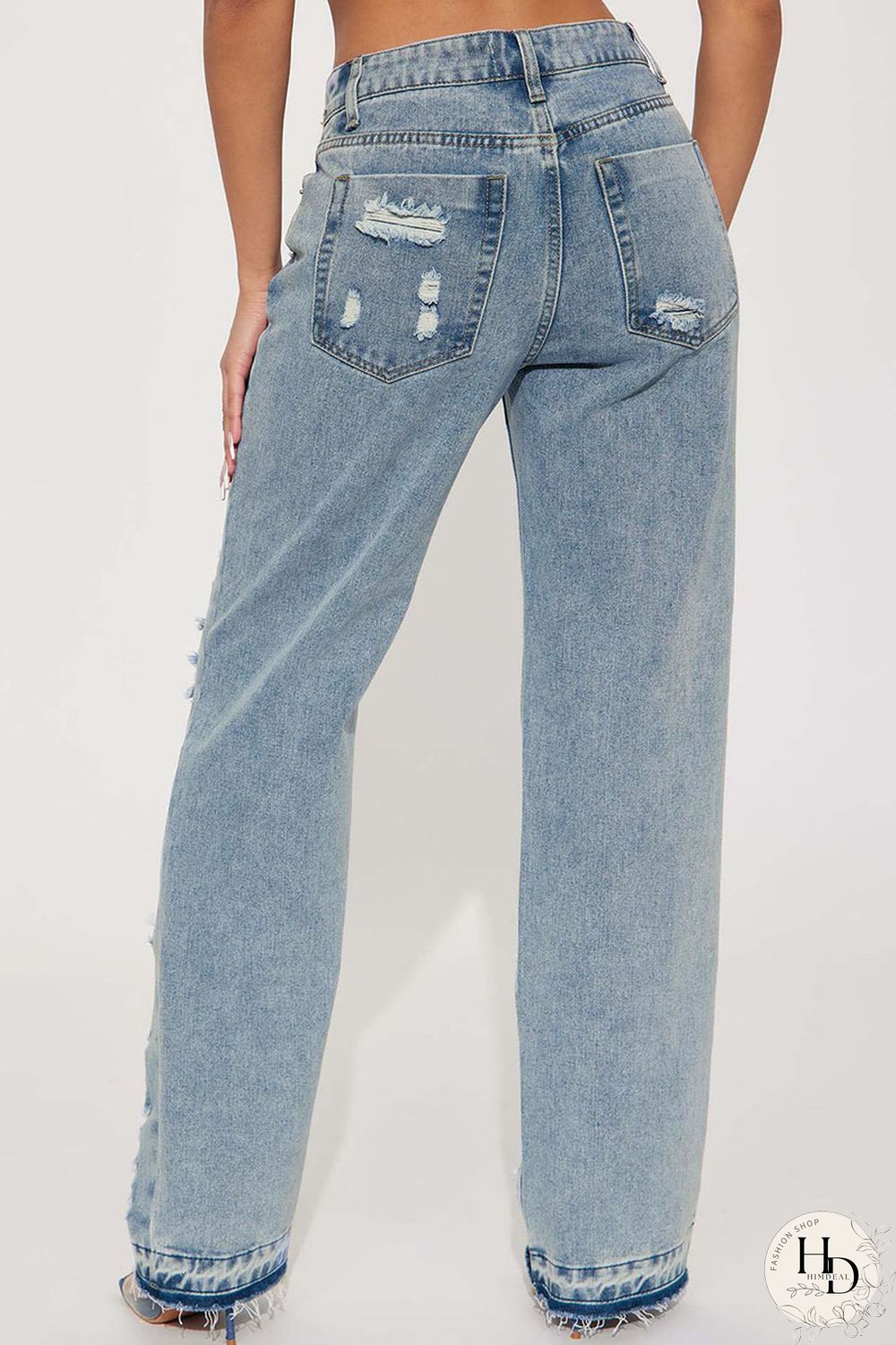 Sky Blue Street Solid Ripped Make Old Patchwork High Waist Denim Jeans