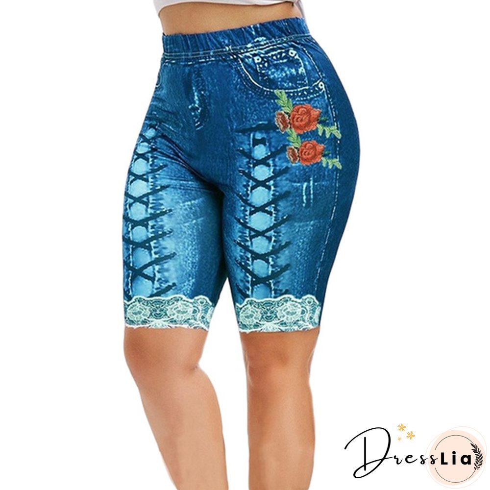 Women Lace Up Floal Print Faux Faux Denim Shorts Casaul Slim Fit Capri Shorts Leggings