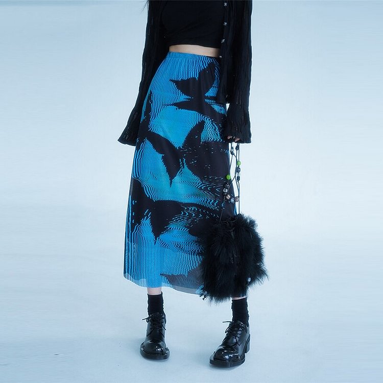 Y2k Butterfly Afterimage Printed Mesh Patchwork Skirt 