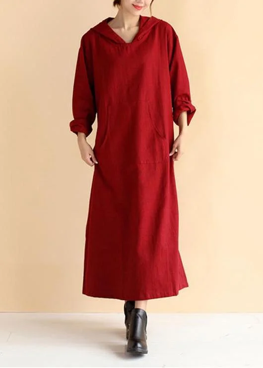 Organic Hooded Pockets Spring Tunics Neckline Burgundy Loose Dress
