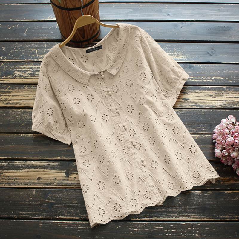 ZANZEA Vintage Women Lace Crochet Blouse Summer Short Sleeve Hollow Out Tunic Tops Solid Embroidery Shirt Casual Blusas Chemise