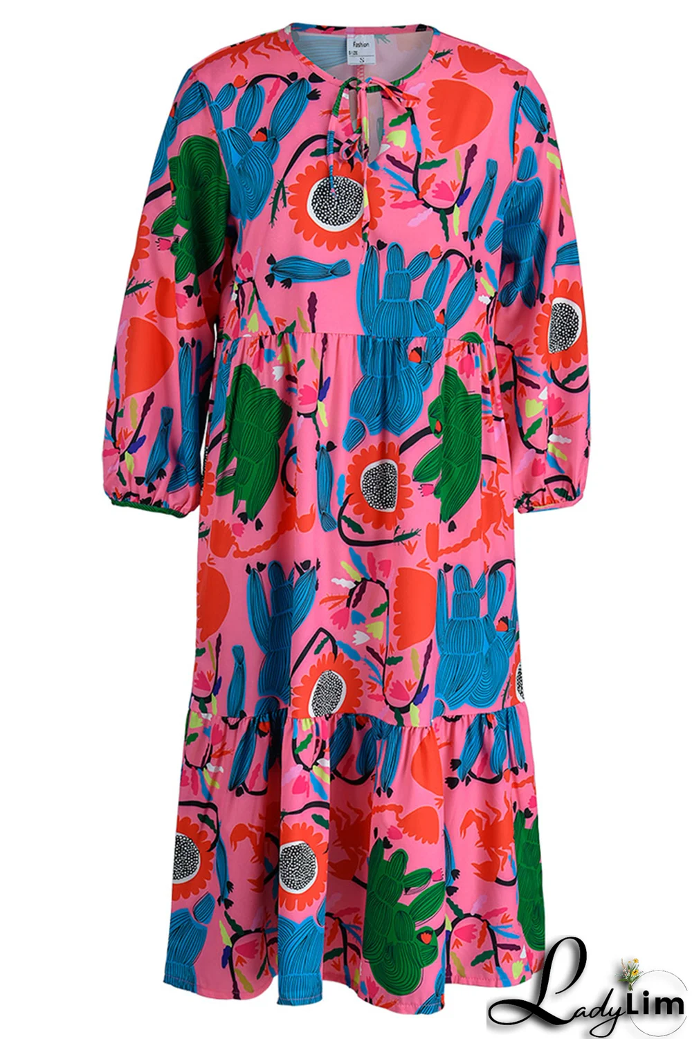 Rose Red Casual Print Draw String O Neck Cake Skirt Dresses