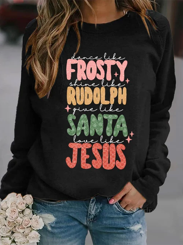 Women's Christmas Frosty Rudolph Santa Jesus Print Sweatshirt