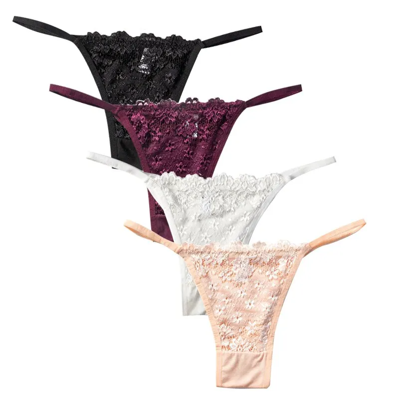 4Pcs Cotton Thongs Women Sexy G-string Panties Girl Underpants Low-rise Lace T-back Underwear Female Lingerie