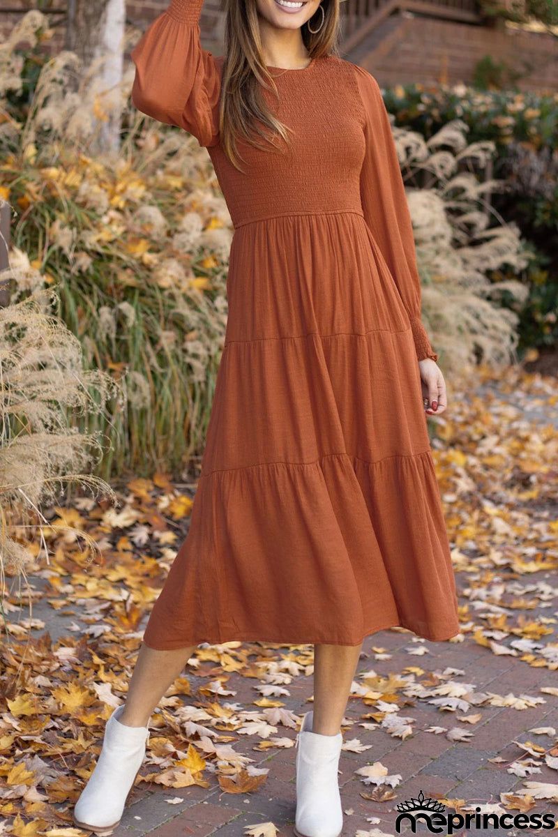 Sweet Elegant Fold Solid Color O Neck A Line Dresses(3 Colors)