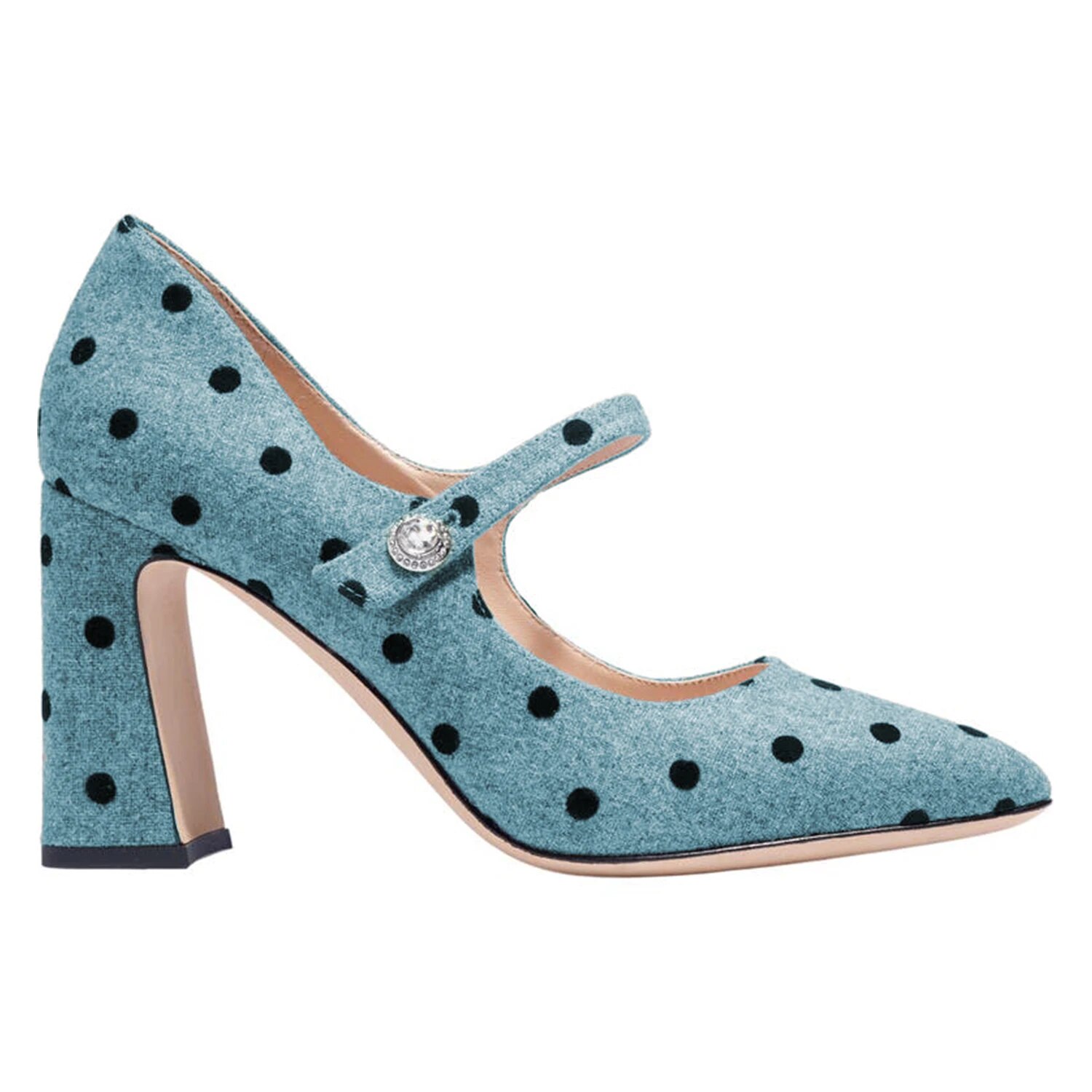 TAAFO Blue Polka Dot High Chunky Heels Mary Janes Woman's Pumps Crystal Pointed Toe Ladies Dress Shoes 