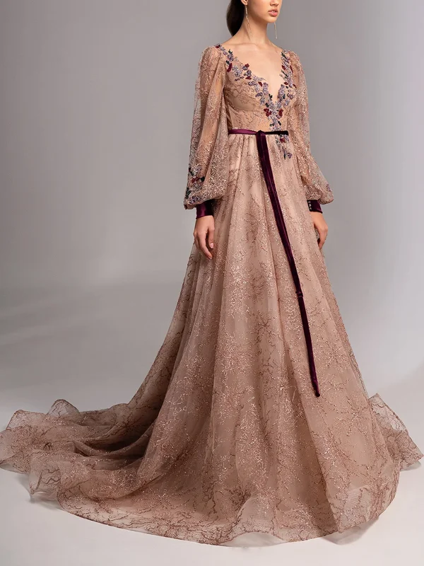 V-Neck Lace Solid Color Long Sleeves Maxi Dress