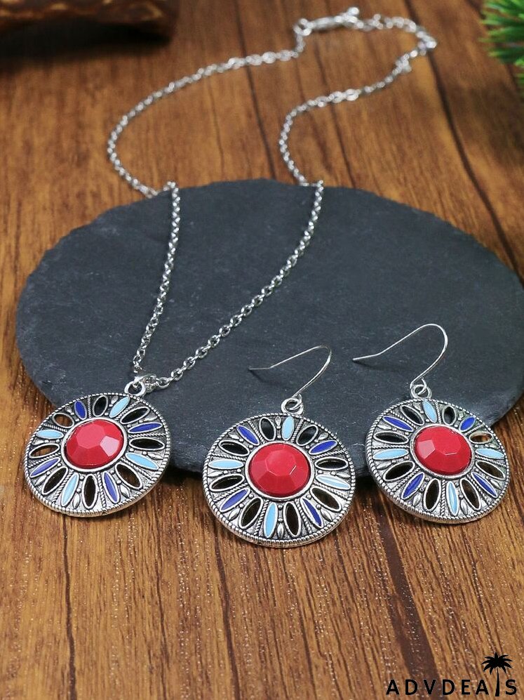 3pcs Gemstone Decor Hollow Flower Jewelry Set