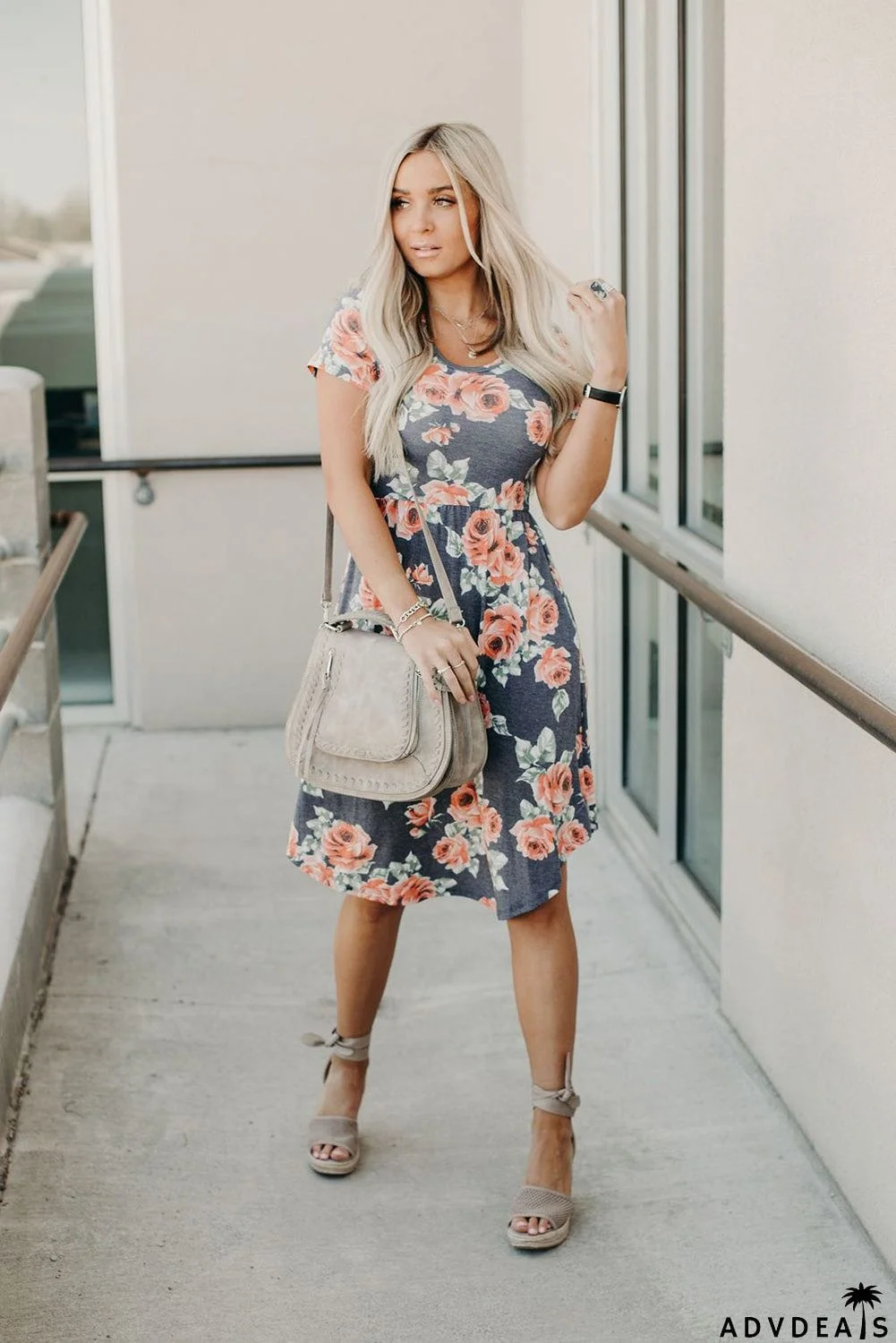 Floral Print Short Sleeve Pleated Mini Dress