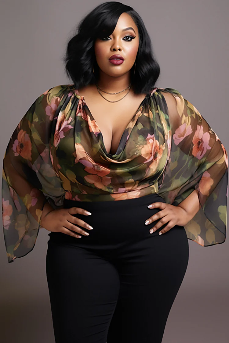 Xpluswear Design Plus Size Business Casual Multicolor Floral Cowl Neck Flare Long Sleeve Fold See Through Organza Blouses