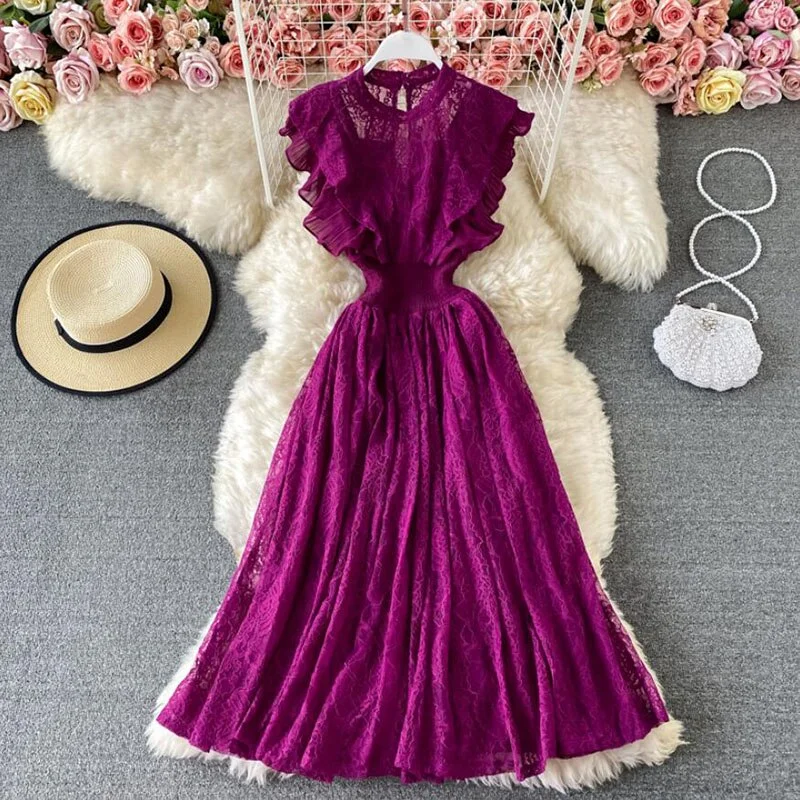 2021 Summer Dress Women Sleeveless O-neck Slim Lace Dresses High waist Lady Elegant Ruffle Long Dress Party Vestidos