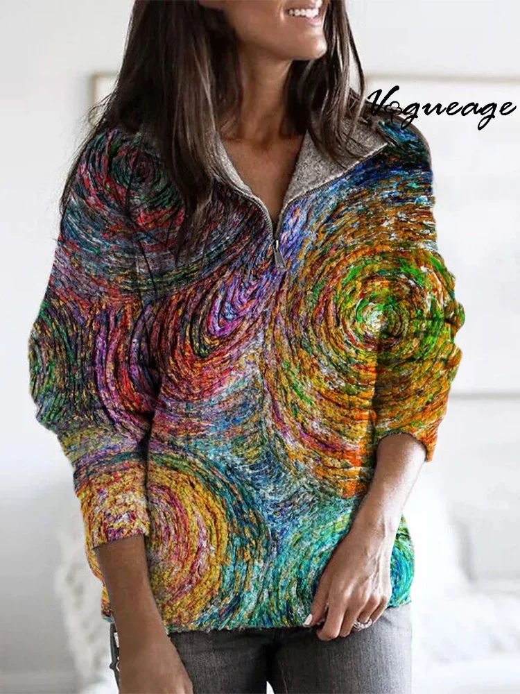 Basic Abstract Oil Painting Style Galaxy Pullover Zippered Long-Sleeved Sweater