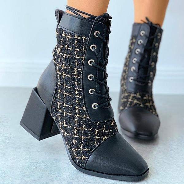  Tweed Eyelet Lace-Up Chunky Heeled Boots