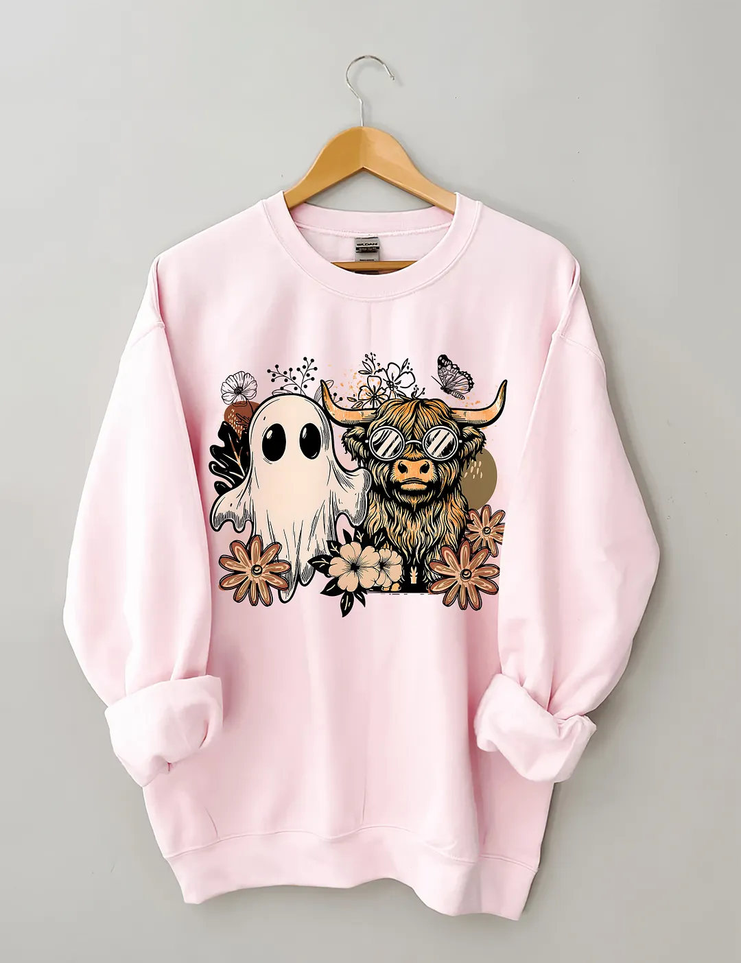 Ghost And Highland Cow With Flowers Sweatshirt