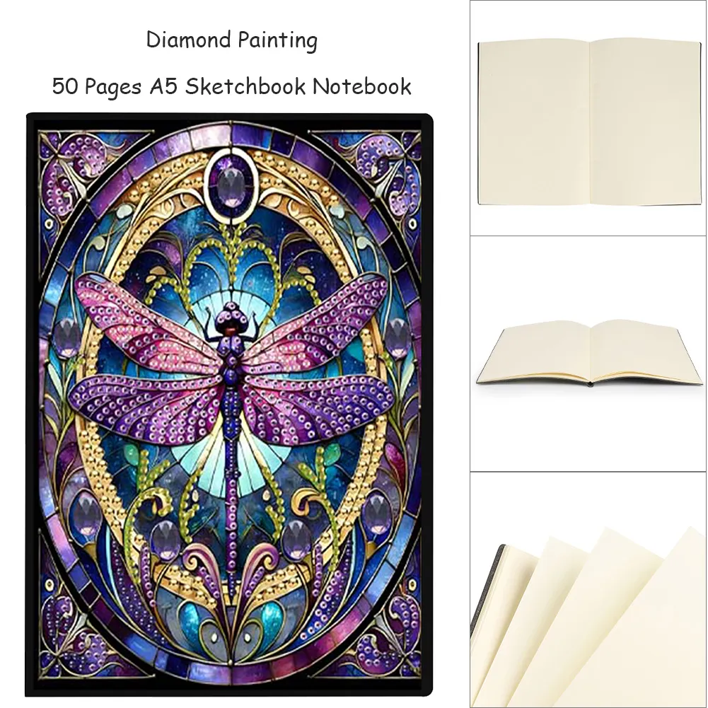 Dragonfly 5D DIY Diamond Art Painting Notebook Kit (50 Pages A5 No Lines) Rhinestone Art Painting Notebook Kit for Adults Beginners Holiday Birthday Gift