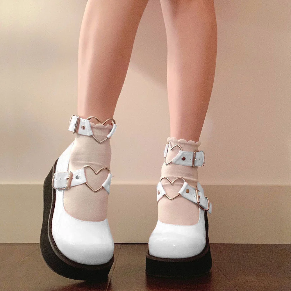 2021 Large Size 43 Sweet Lolita Gothic Style Girls Pink Black Heart Decoration Casual Mary Janes Flats Platform Shoes Women