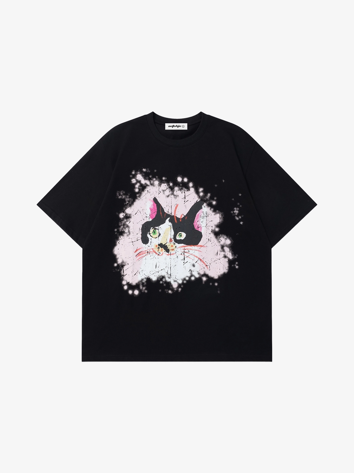 Black Act Chic Playful Hand Drawn Cat Print Tee Front