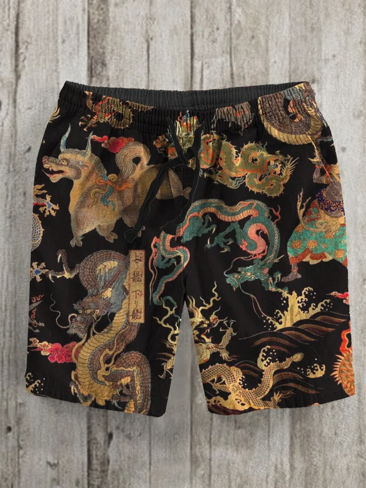 Men's Japanese Art Dragon Element Pattern Print Shorts