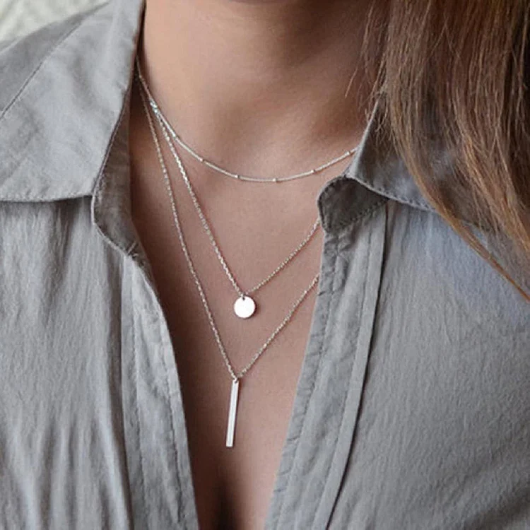 Simple Pendant Necklace Women Multi Layer Clavicle Chain Jewelry (Silver)