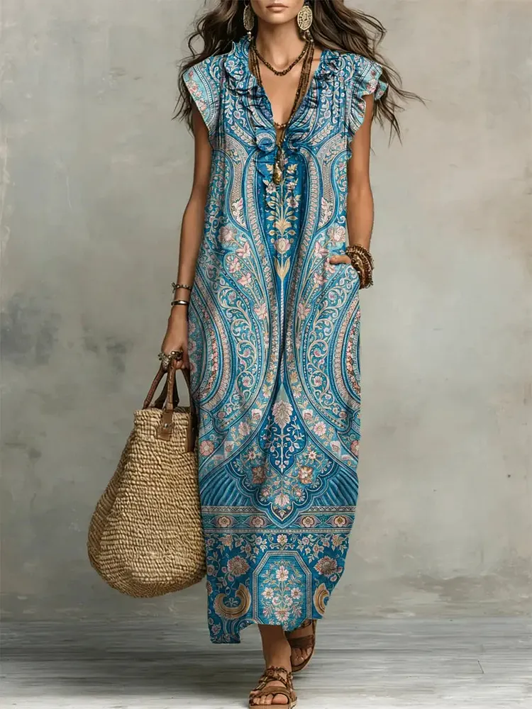 Women's Retro Floral Pattern Art Print Casual Ruffled Stylish Cotton Linen Dress