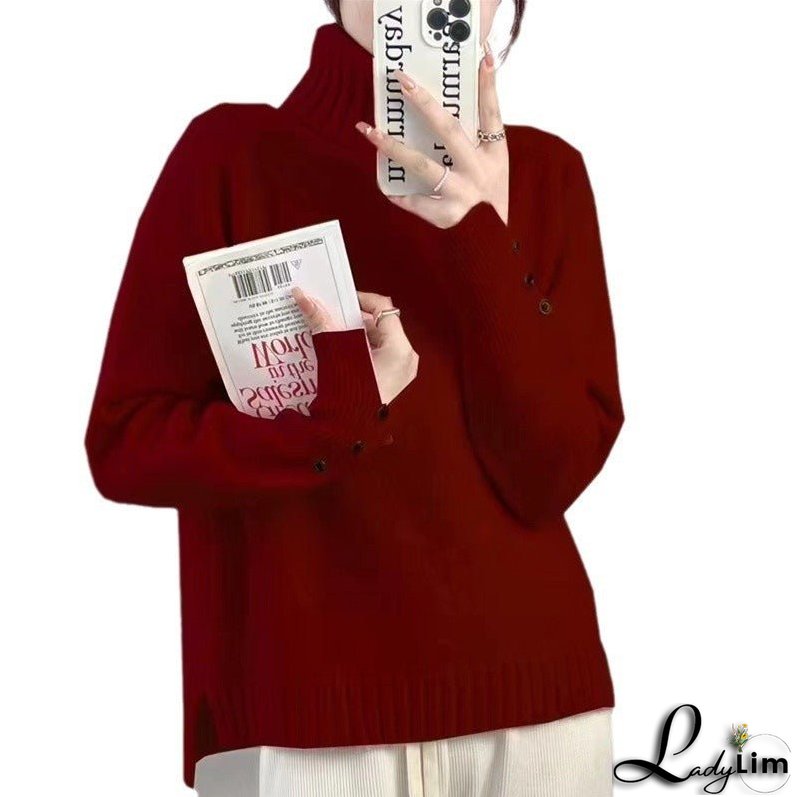 Knitted shirt with double neck pullover and long sleeves with split hem