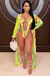 2 Pcs Printed Cardigan Cutout One Piece Bikini Swimsuit Set