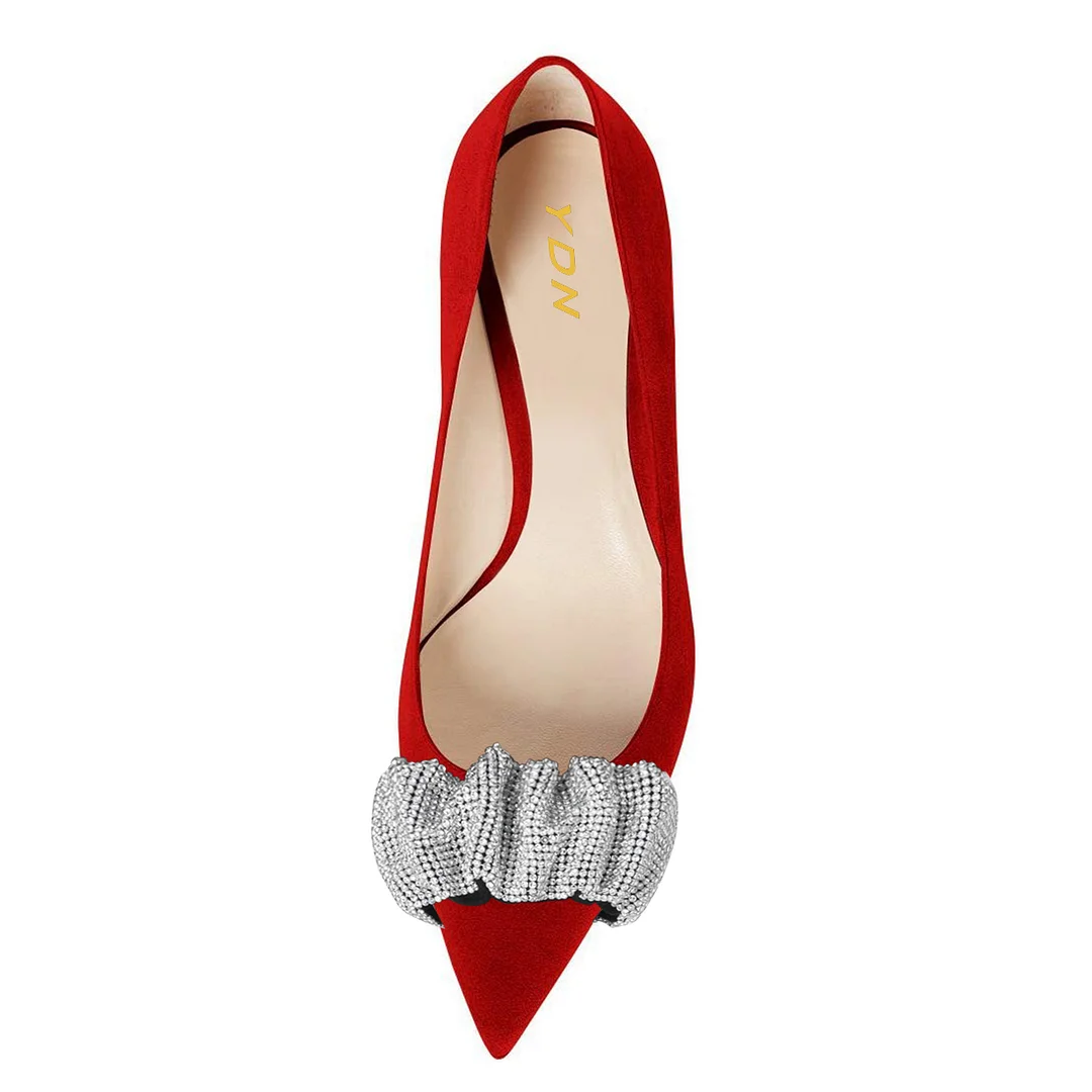 Faux Suede Pointed Toe Rhinestone Embellished Red Elegant Pumps