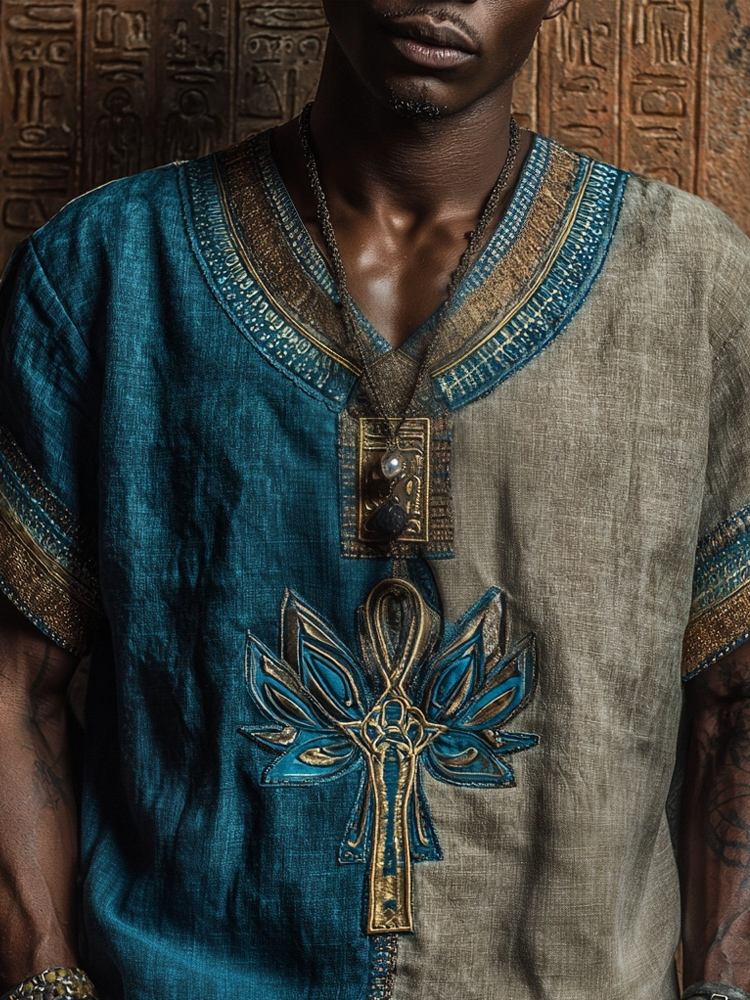 Comstylish Lotus & Ankh Embroidered Ancient Egyptian Contrast Linen Shirt