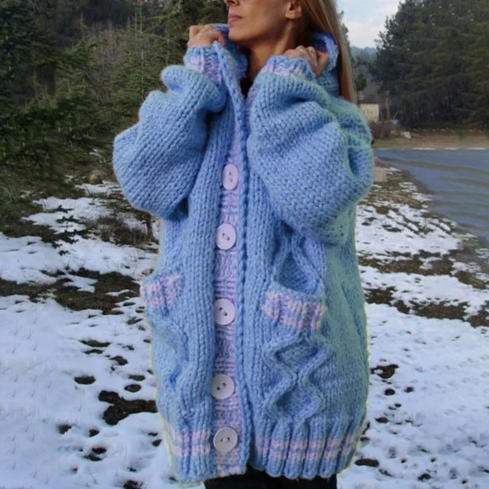 Thickened Loose Hooded Button-Down Knitted Cardigan