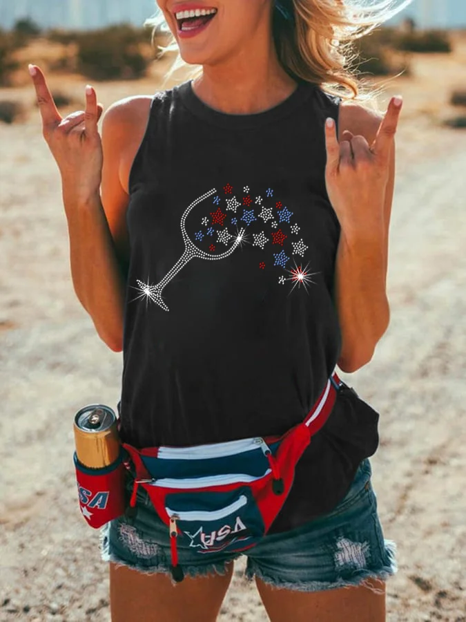Women's Wine&Stars Print 4th Of July Tank Top socialshop