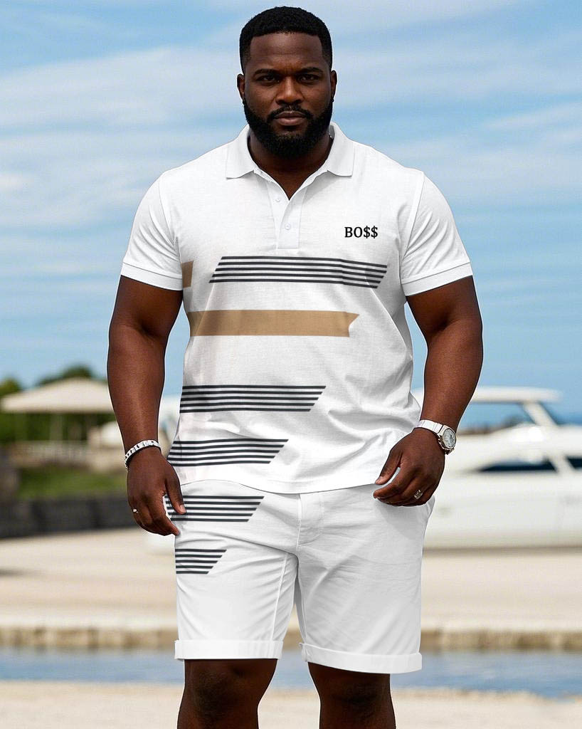 Brand "boss" Logo Chest Printed Casual Short Sleeve POLO Shorts Suit Men's Plus Size