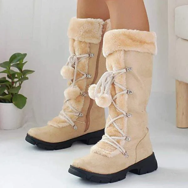 Women Platform Warm Lace Up Mid-Calf Snow Boots